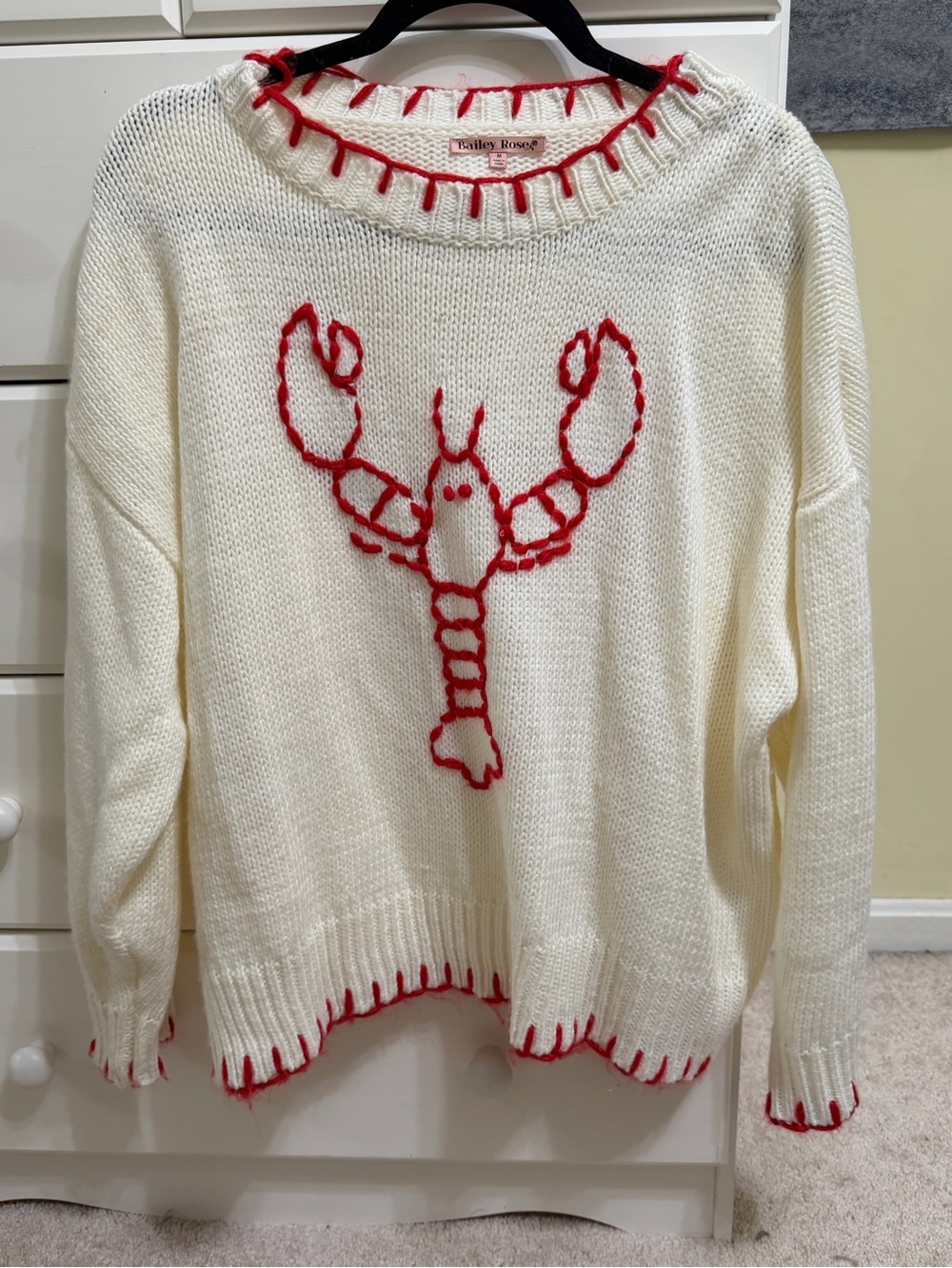 Bailey Rose Cream Crewneck Sweater with Red Lobster Stitching